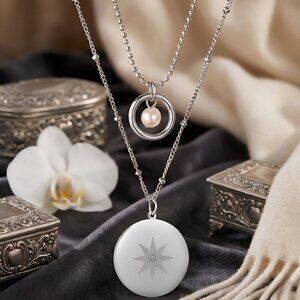 18K White Gold Plated Star Charm Minimalist Layered Necklace Dainty Pearl